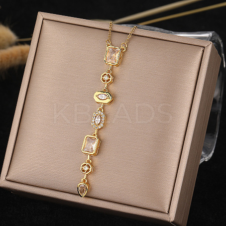 304 Stainless Steel Pave Cubic Zirconia Rectangle Oval Drop Pendant Long Tassel Necklaces FS-WGDB594-03-1