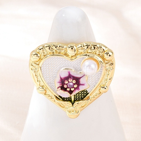 Brass Floral White Enamel Flower Cuff Rings RJEW-C139-18B-G-1