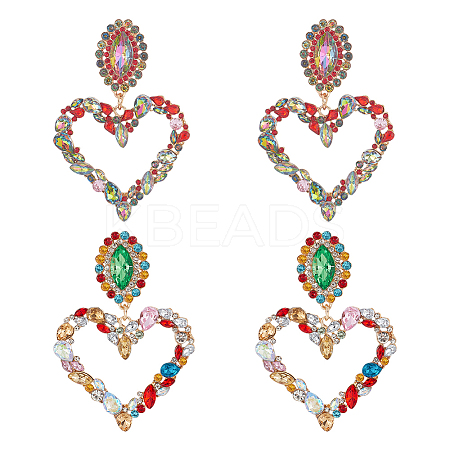 2 Pairs 2 Colors Rhinestone Hollow Out Heart Dangle Stud Earrings EJEW-FI0001-13-1