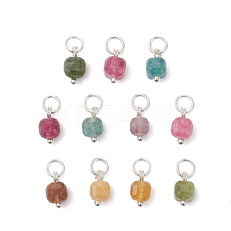 Natural Colorful Tourmaline Table Cut Cube Charms with 304 Stainless Steel Findings PALLOY-JF04875-1