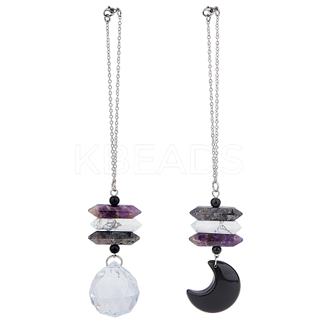 2Pcs 2 Styles Natural Larvikite & Howlite & Amethyst Double Terminated Point Pendant Decoration HJEW-FH00213-1