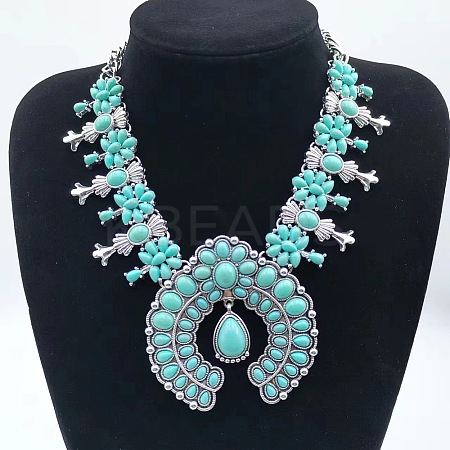 Alloy & Synthetic Turquoise Boho Flower Squash Bib Necklaces for Women FS-WGADD2A-01-1