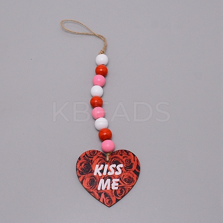 Valentine's Day Theme Schima Wood Beads & Hemp Rope Pendants Decorations HJEW-TAC0012-15-1
