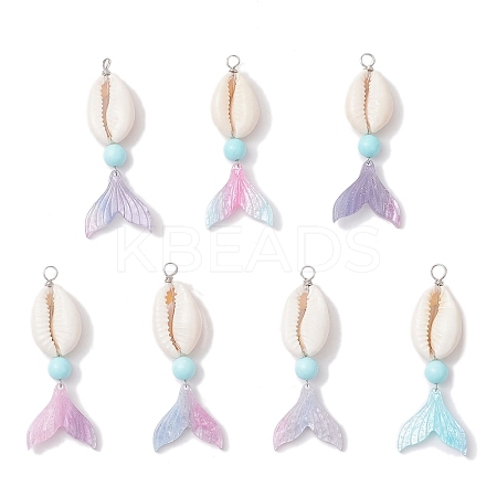 Dyed Natural Howlite Round & Natural Cowrie Shell & Cellulose Acetate(Resin) Mermaid Tail Big Pendants PALLOY-JF04122-1