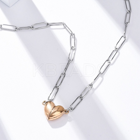 304 Stainless Steel Double-Sided Magnetic Heart Pendant Paperclip Chain Necklaces LS-NJEW-U028-02RG-1