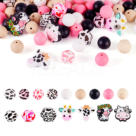 80Pcs Round & Cow Stripe Food Grade Eco-Friendly Silicone Focal Beads SIL-TA0002-68-1