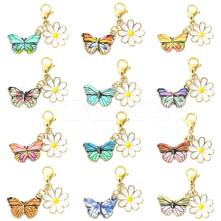 12Pcs Butterfly & Flower Alloy Enamel Pendants Decorations HJEW-YW00122-1