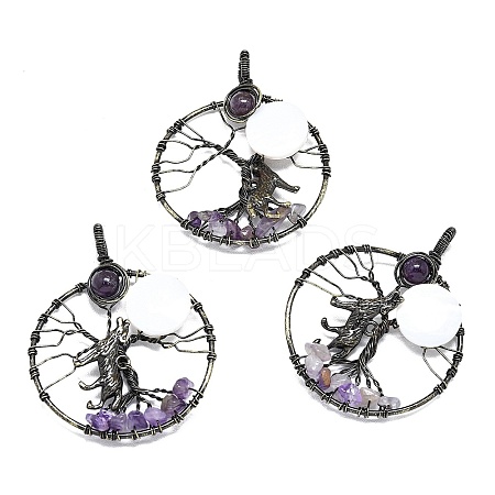 Natural Amethyst and White Shell Copper Wire Wrapped Big Pendants G-K404-01AB-1