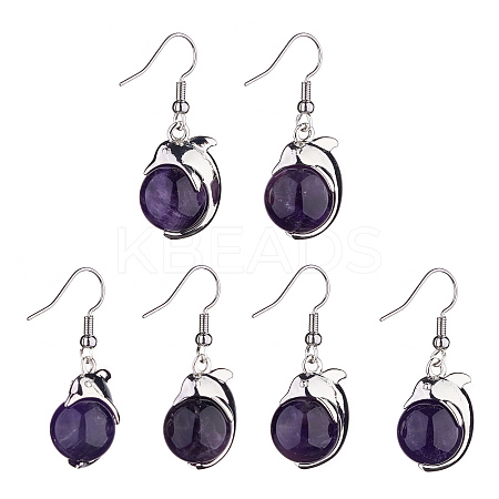 Natural Amethyst Dolphin Dangle Earrings with Crystal Rhinestone EJEW-A092-20P-16-1