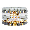 7Pcs Heart Pattern Polymer Clay & Plastic Pearl & CCB Plastic Beaded Stretch Bracelet Set for Women FS-WG634BB-11-1