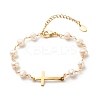 201 Stainless Steel Cross Link Bracelet with Natural Pearl Beaded Chains for Women BJEW-JB08543-1