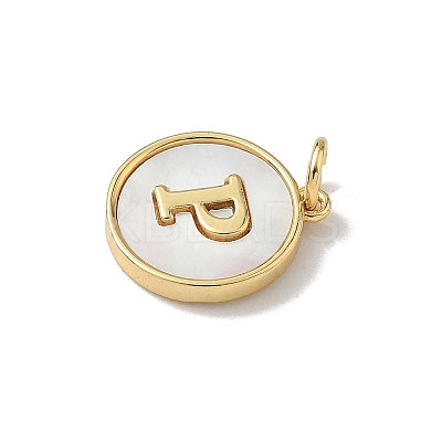 Brass Pave Natural Shell Flat Round with Letter Charms KK-Z115-13G-P-1