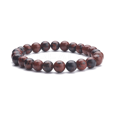 Natural Mahogany Obsidian Round Beaded Stretch Bracelet BJEW-JB07905-01-1