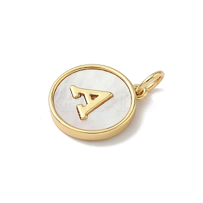 Brass Pave Natural Shell Flat Round with Letter A~Z Charms KK-Z115-13G-1