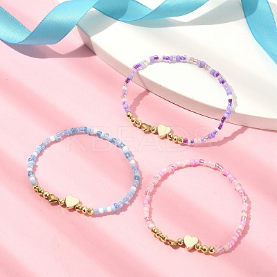 3Pcs 3 Color Non-magnetic Synthetic Hematite Heart & Glass Seed Beaded Stretch Bracelets Set BJEW-JB09457-1