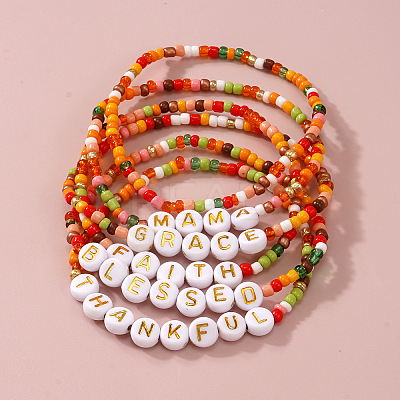 6Pcs 6 Styles Bohemian Handmade Word Resin & Plastic Colorful Glass Beaded Friendship Stretch Bracelets for Men Women PI5207-1-1