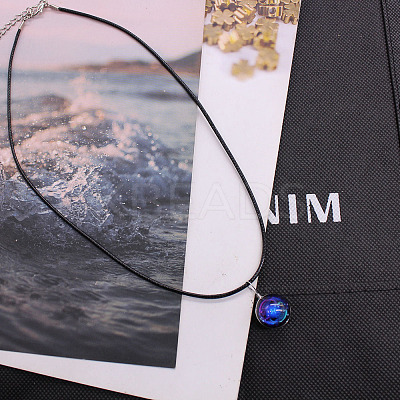 Luminous Zinc Alloy & Glass Flat Round with Constellation Pendant Black Korean Waxed Cord Necklaces WG08639-04-1