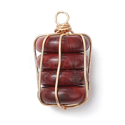 Natural Red Rainbow Jasper/Natural Tiger Eye/Natural Unakite/Natural Blue Spot Jasper/Opalite Copper Wire Wrapped Column Pendants PALLOY-JF02974-1