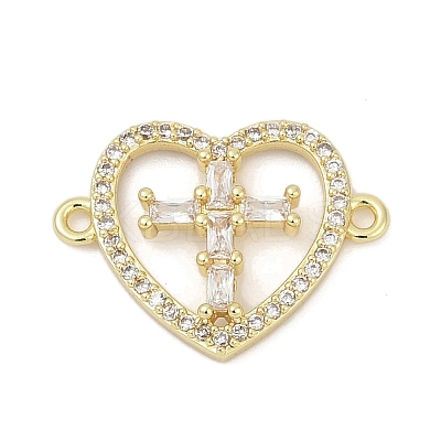 Brass Clear Cubic Zirconia Cross Heart Connector Charms KK-D317-147G-1