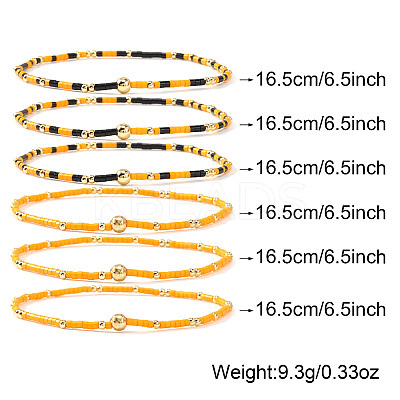 6Pcs Handmade Glass Seed Bead & Brass Beads Stretch Bracelets XZ6120-5-1
