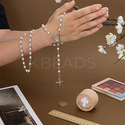 1Pc Alloy Crucifix Cross Virgin Pendant White Round Glass Pearl Rosary Bead Necklaces NJEW-FG0001-23-1