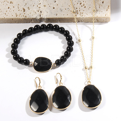Oval Alloy with Natural Obsidian Pendant Necklaces & Beaded Bracelets & Dangle Earrings Sets WGD3DFC-02-1
