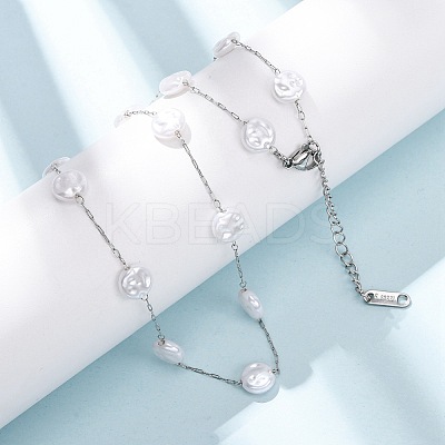 304 Stainless Steel with ABS Plastic Pearl Flat Round Bead Cable Chain Necklaces for Women NJEW-G190-03P-1