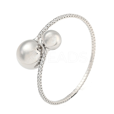 Rack Plating Brass Pave Clear Cubic Zirconia Round Ball Open Cuff Rings for Women BJEW-B110-04B-P-1