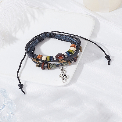 1Pc Leater Braided Multi-strand Bracelet with Alloy Musical Note Charms MUSI-LP0001-01B-1