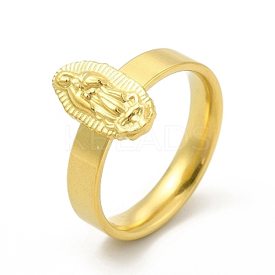 PVD Vacuum Plating 304 Stainless Steel Oval with Virgin Mary Finger Ring for Women RJEW-A013-02G-02-1