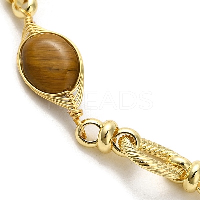 Oval Natural Tiger Eye & Pearl Link Bracelets BJEW-C051-48G-1