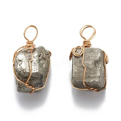 Cuboid Brass Natural Pyrite Pendants G-N0145-10-1
