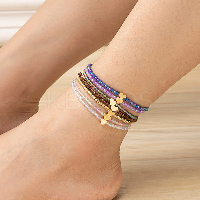 7Pcs Bohemian Style Heart Brass & Glass Seed Beaded Stretch Anklet Sets FS-WG7E51F-02-1