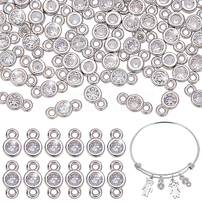 60pcs 2 Styles Brass Pave Clear Cubic Zirconia Flat Round Connector Charms KK-AR0001-81-1