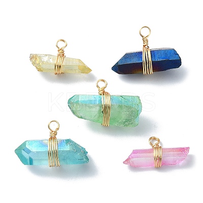 Real 18K Gold Plated Copper Wire Wrapped Dyed Natural Quartz Crystal Pendants PALLOY-TA00101-1