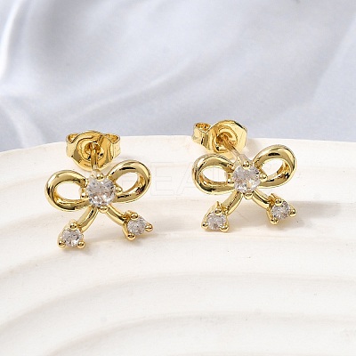 Bowknot Brass Micro Pave Clear Cubic Zirconia Stud Earrings for Women LS-EJEW-G460-03G-1