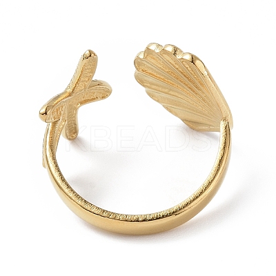 Ion Plating(IP) 304 Stainless Steel Shell with Starfish Open Cuff Ring for Women LS-RJEW-C046-03G-1