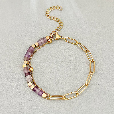 Bohemian Natural Amethyst Heishi Beads Bracelets with 304 Stainless Steel Paperclip Chains WGD41F4-02-1