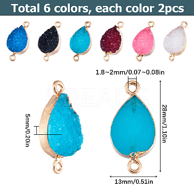 12Pcs 6 Colors Druzy Quartz Crystal Dyed Connector Charms FIND-SC0005-33-1