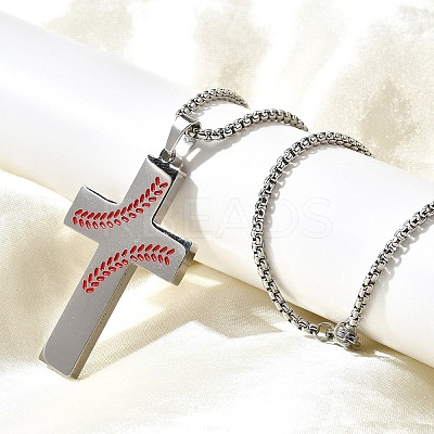 201 Stainless Steel Wheat Cross Pendant Box Chain Necklaces for Women Men NJEW-B124-01P-1