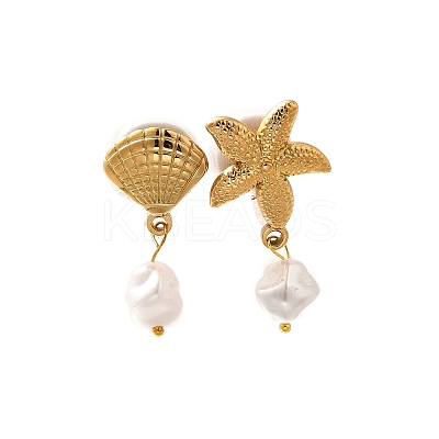 Starfish & Shell Shape 304 Stainless Steel Plastic Pearl Dangle Stud Earrings EJEW-G422-01G-02-1