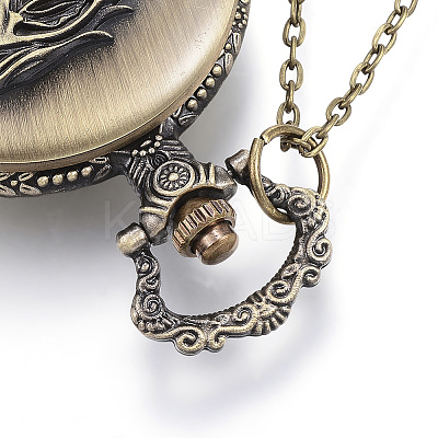 Carved Alloy Flat Round Pendant Necklace Quartz Pocket Watch WACH-P006-05-1