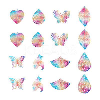 16Pcs 8 Style 430 Stainless Steel Filigree Pendants STAS-BY0001-15-1