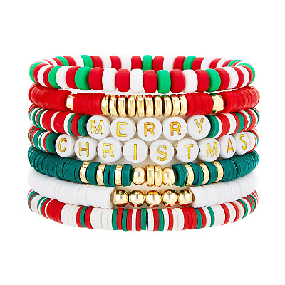 7Pcs Merry Christmas Pattern Polymer Clay & CCB Plastic Beaded Stretch Bracelet Set for Women FS-WG634BB-19-1