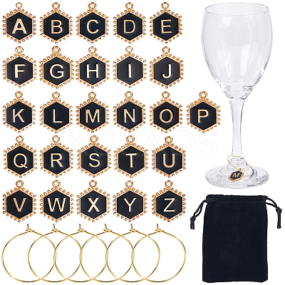 Hexagon with Letter Alloy Black Enamel Pendants Wine Glass Charms DIY-SC0030-20-1