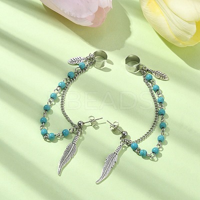 Tibetan Style Alloy Feather Stud Earrings with Ear Cuff EJEW-TA00301-1
