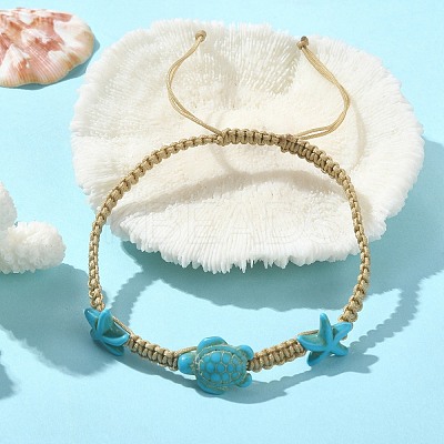 Ocean Theme Starfish Tortoise Synthetic Turquoise Beaded Anklets for Women AJEW-AN00554-01-1
