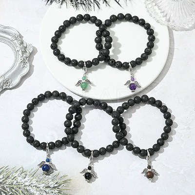 Natural Lava Rock & Gemstone Stretch Bracelet with Alloy Fairy Charms BJEW-JB08730-1