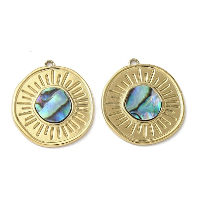 Flat Round 304 Stainless Steel Natural Paua Shell/White Shell Pendants Ion Plating(IP) STAS-U037-10G-01-1