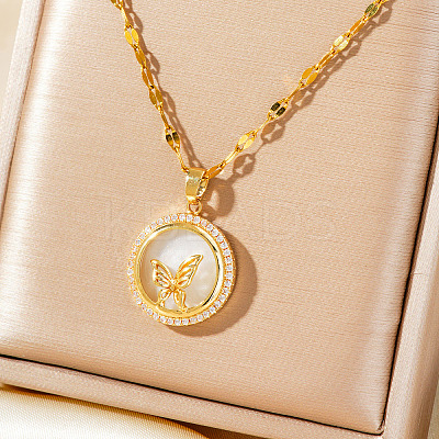 Brass Clear Cubic Zirconia Flat Round Butterfly Pendant Dapped Chain Necklaces for Women WA9125-1